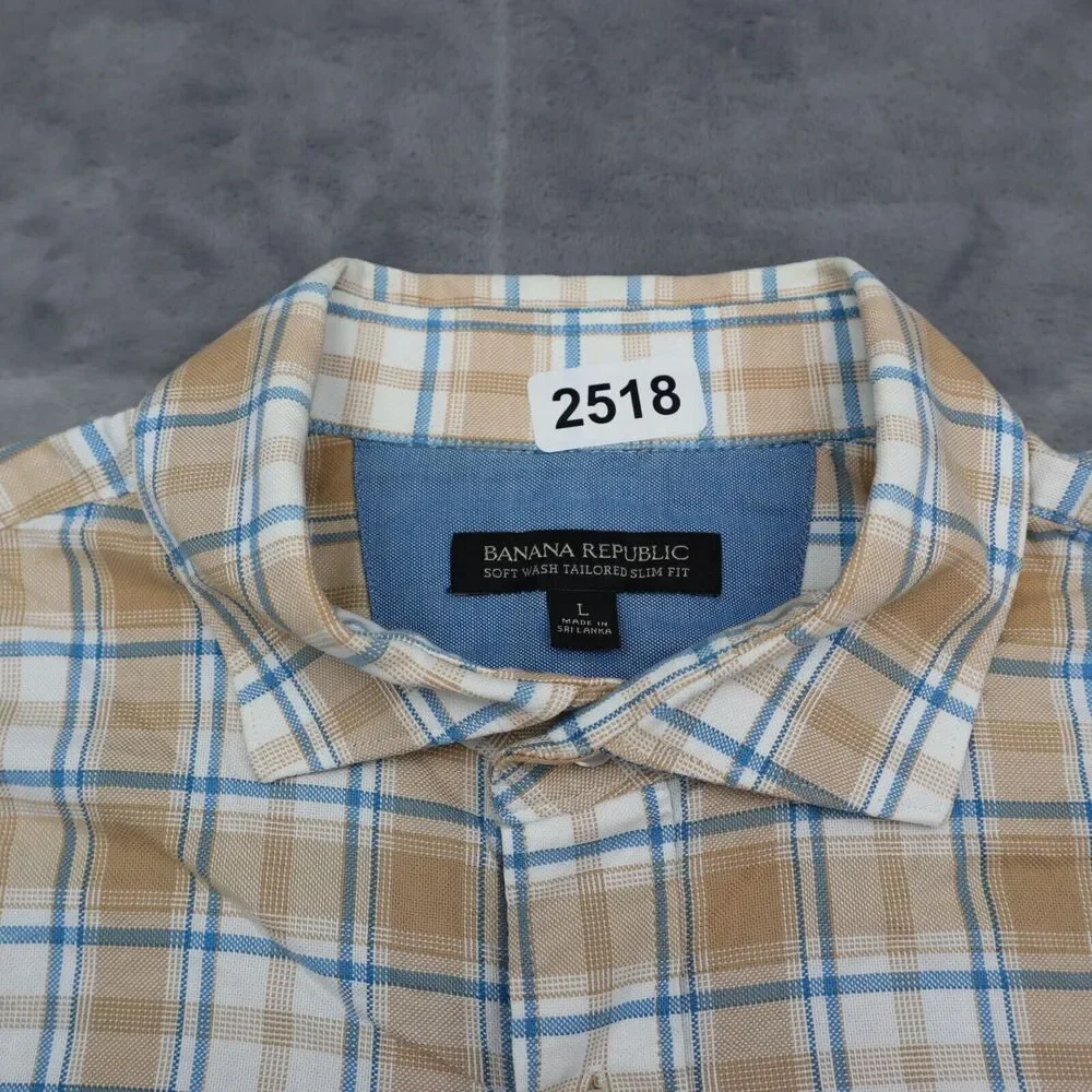 Banana Republic Shirt Mens Large Brown Plaid Button Up Flip Cuff Work Dress
